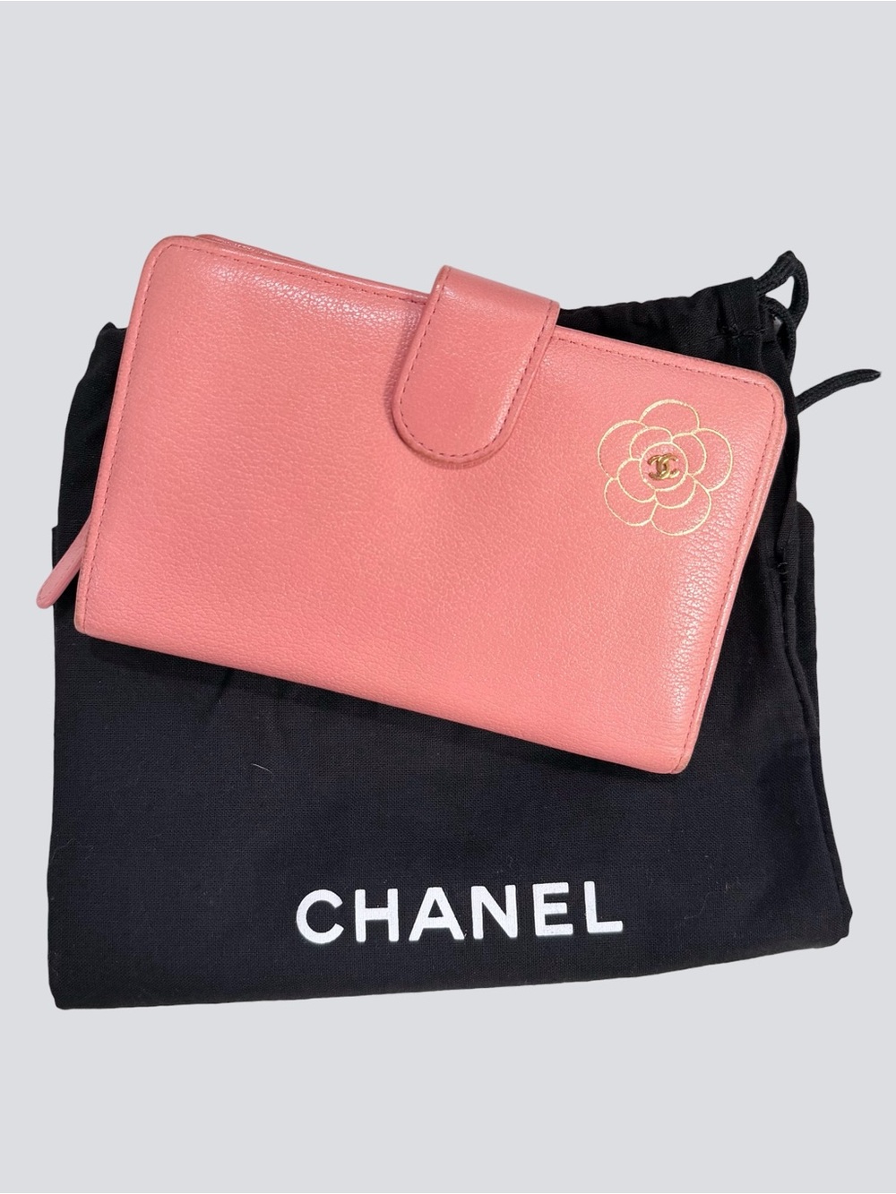 CHANEL Camellia L-Zip Pocket Wallet Pink Lambskin Gold Hardware + Dust Bag